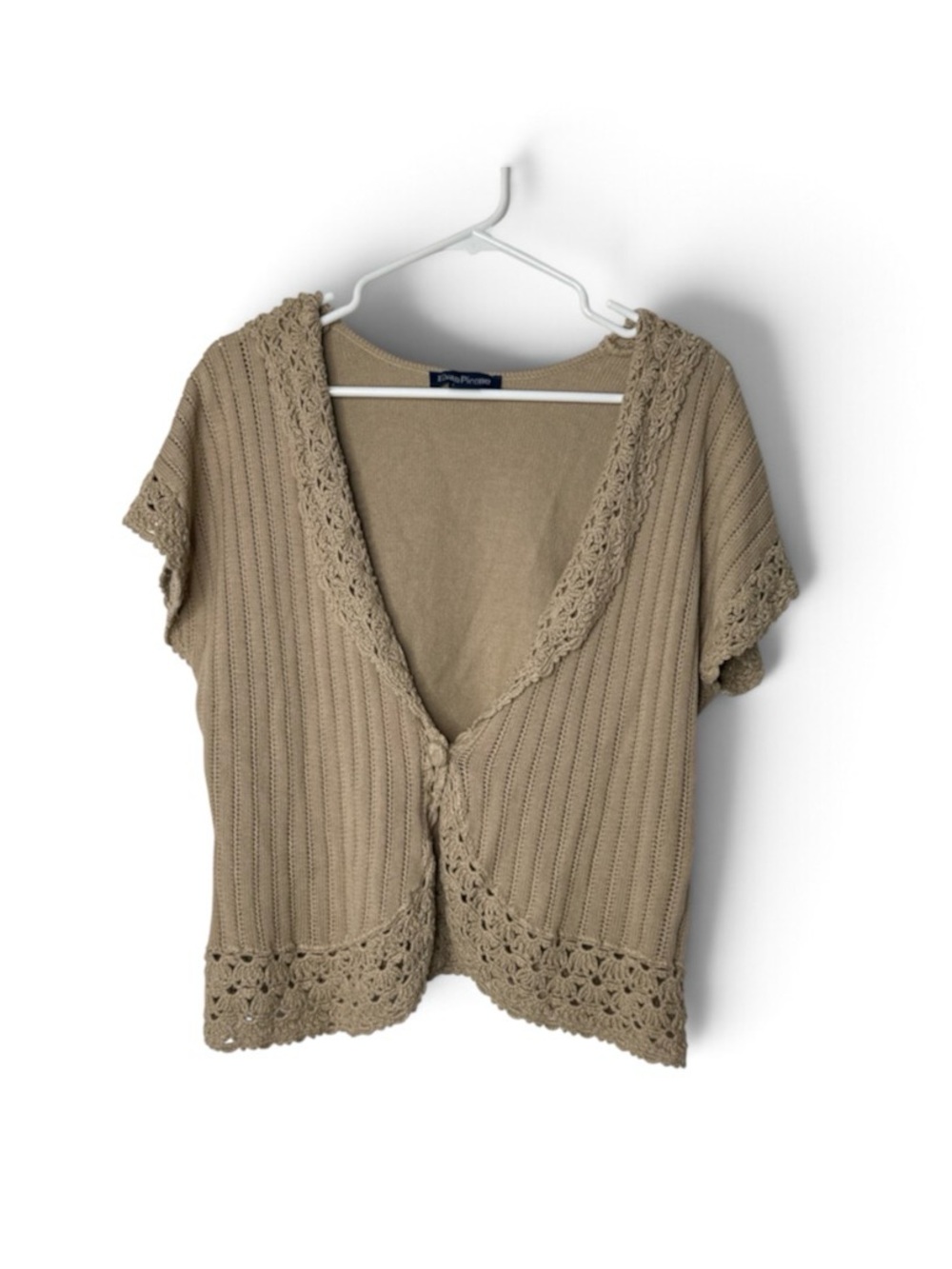Evan Piconne Cardigan Women’s XL Beige Crochet Single Button Cottagecore Cotton